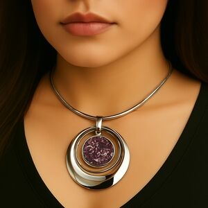 Multi Hoops Flower Pendant Statement Necklace - Polished Silver tone